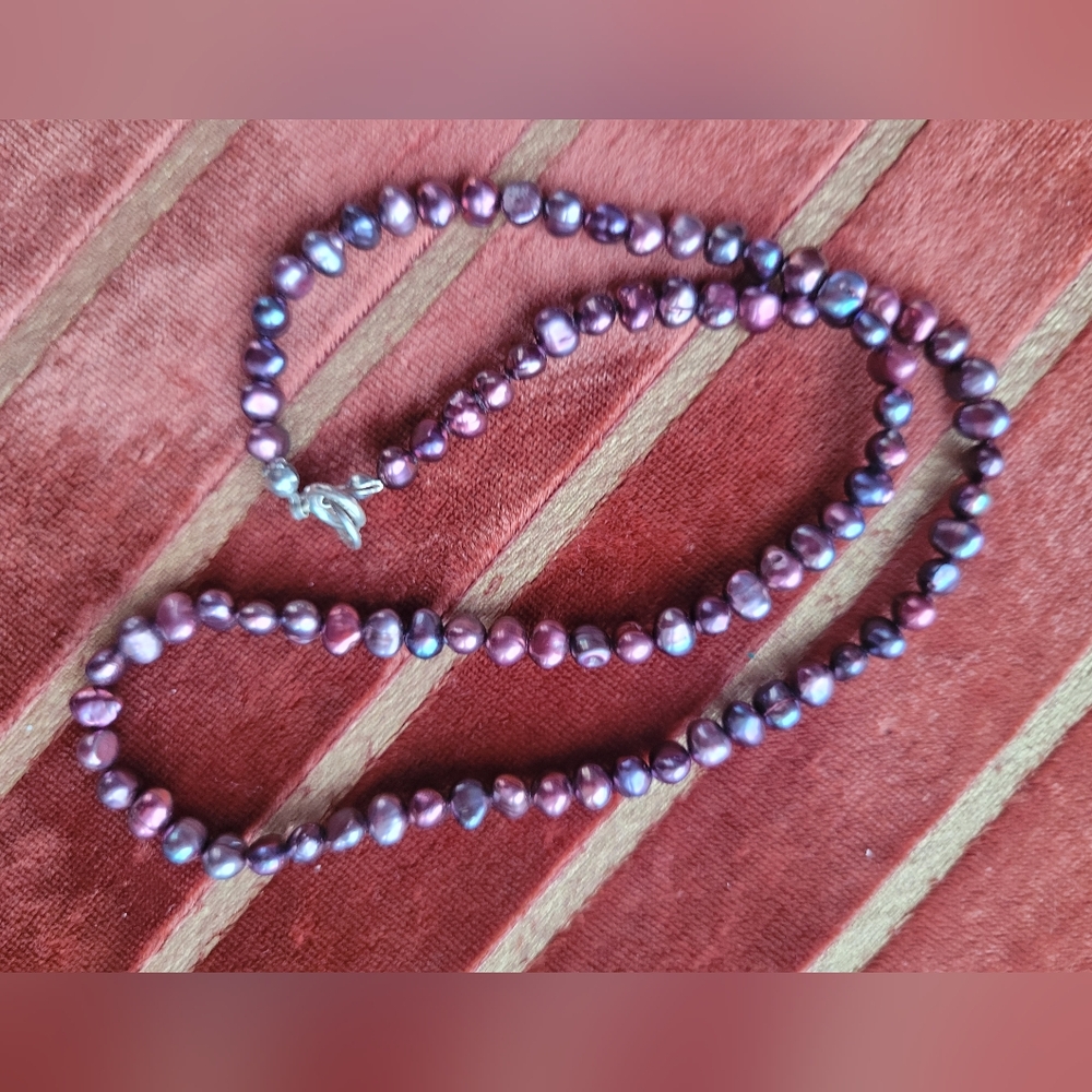 Genuine Purple Pearl Necklace Sterling Silver Clasp - Picture 5 of 14